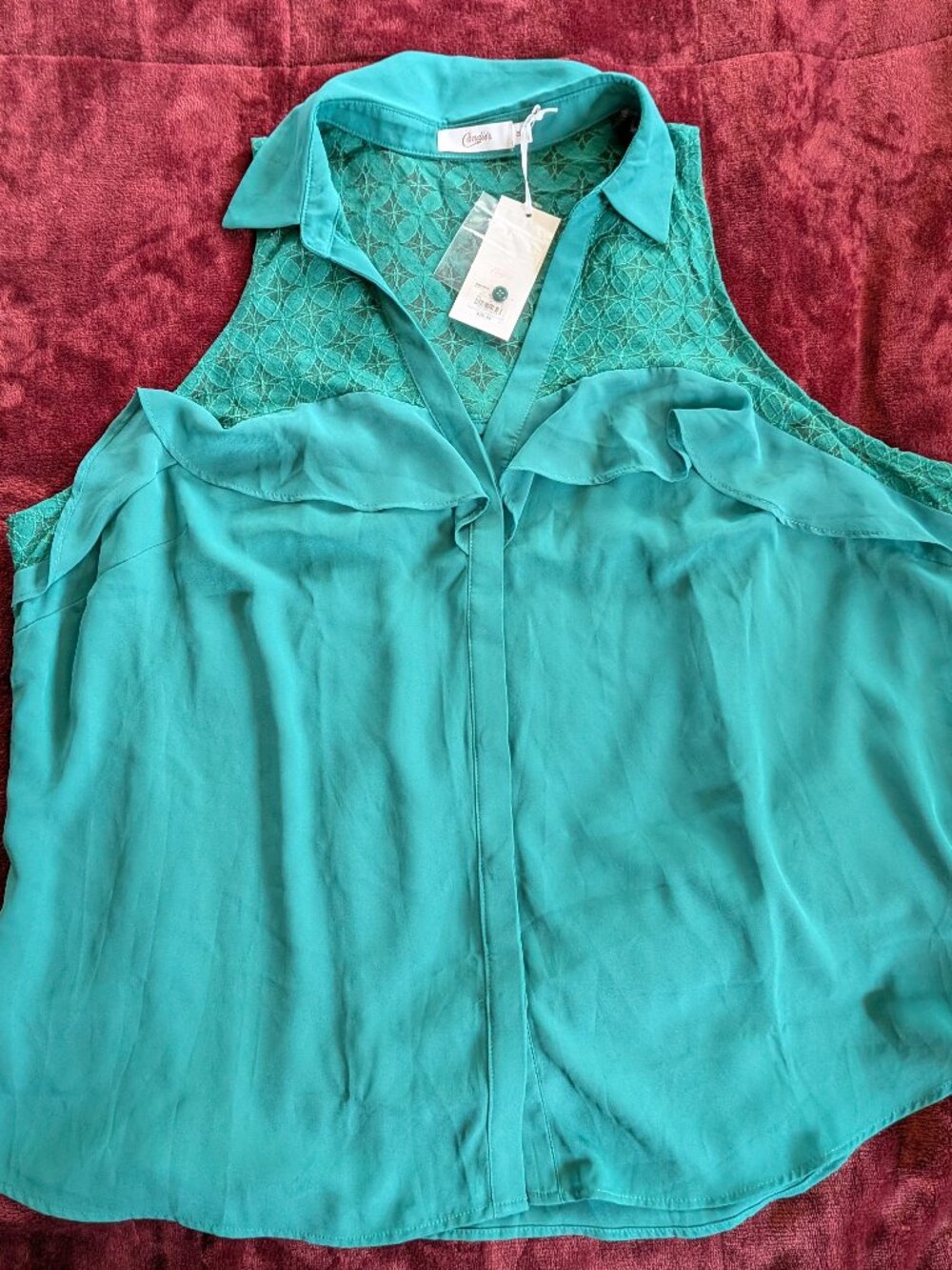 NWT Candie’s Emerald Green Lace Yoke Ruffle Sleeveless Blouse 1X